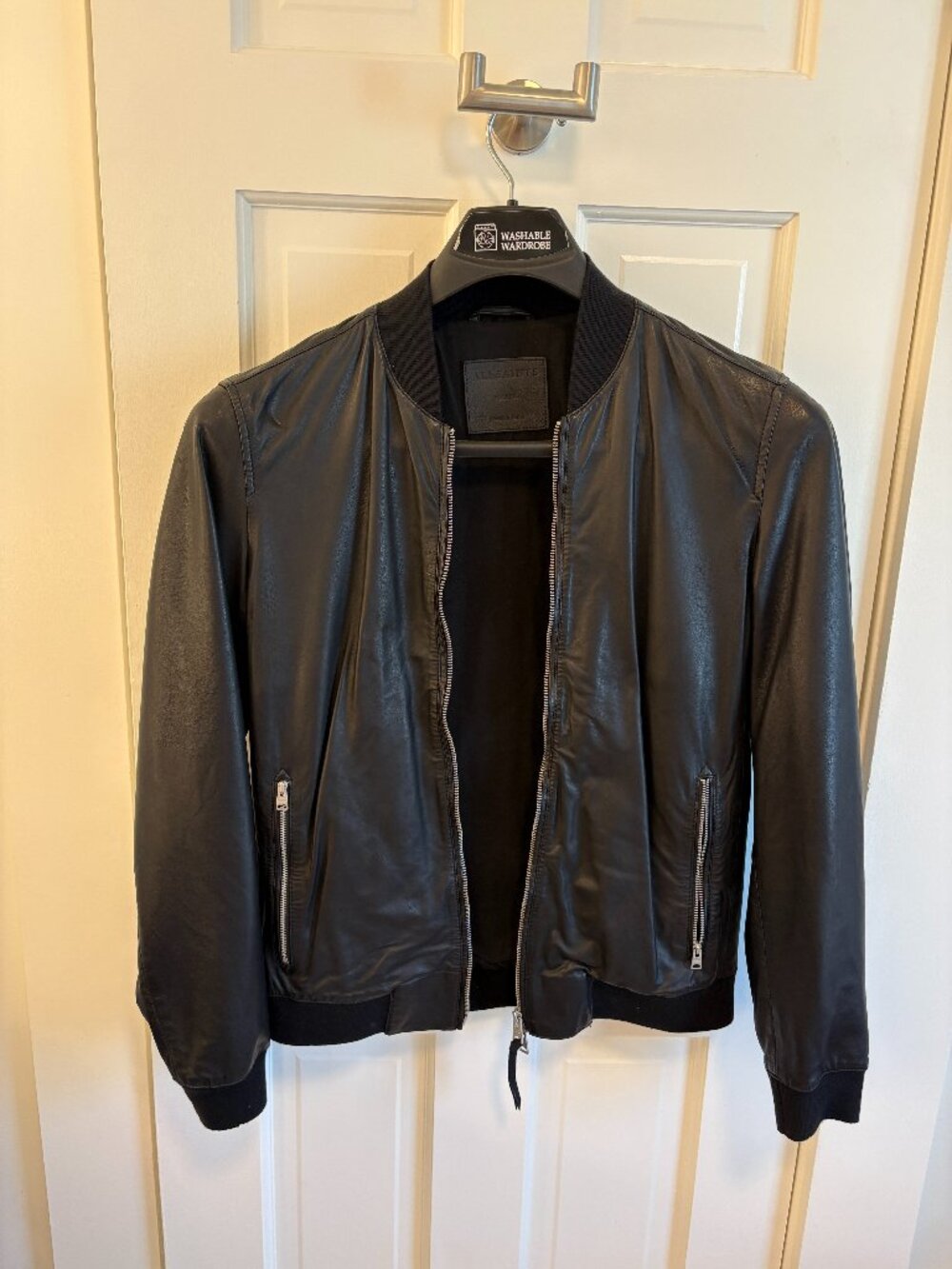 All Saints Men's Black Leather Mower Bomber Jacket - Size Small